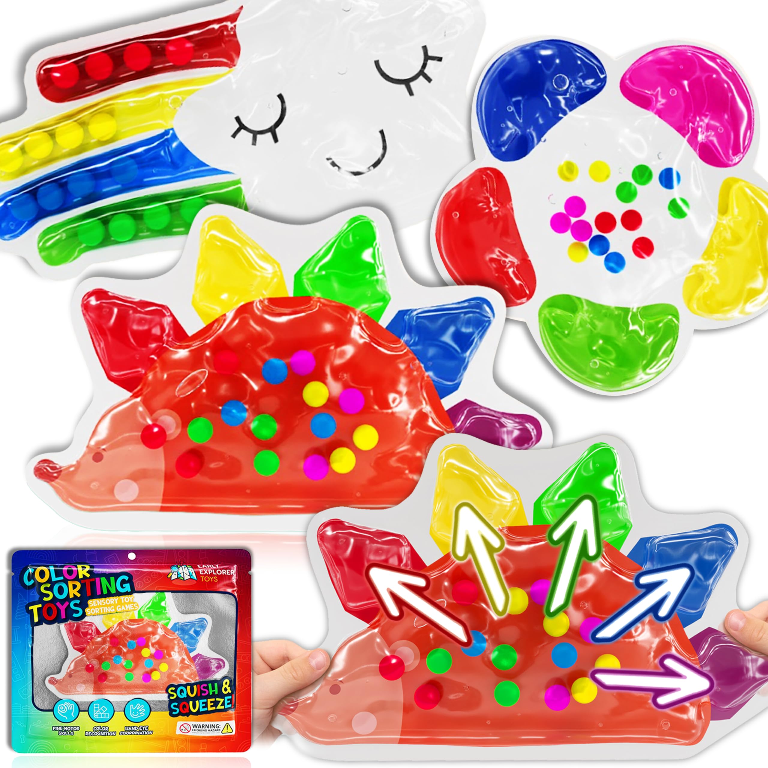 3 -Pack Color Sorting Sensory Toys for Toddlers Ages 3+ Montessori Travel Toys Calm Down Toy for Preschool | Flower, Porcupine, Cloudy Rainbow Color Matching Activities Gift Ready for Boys Girls B-Day