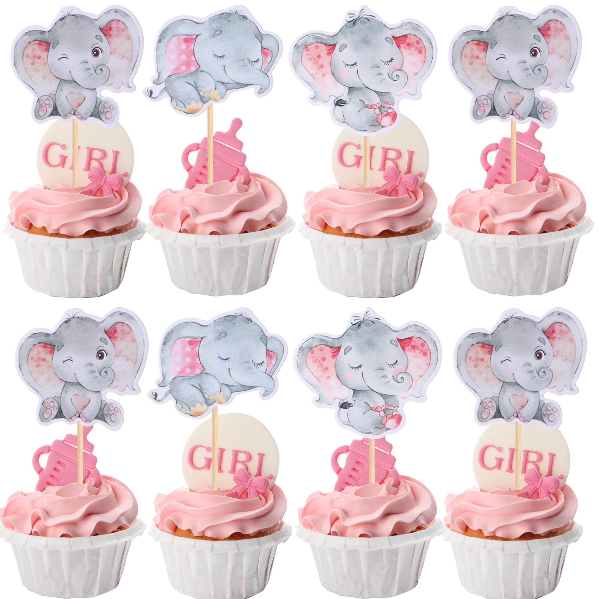 SYKYCTCY 36 Pack Baby Elephant Cupcake Toppers It's a Girl Cupcake Picks Baby Shower Cupcake Decorations Gender Reveal Baby Shower Baby Girl Birthday Party Supplies Pink