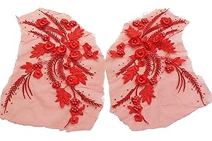 MUMAYA Lace Fabric 3D Flower Patches Tassel Beads Rhinestone Embroidered Wedding Gown Appliques Sew Patch for Dress DIY Decor 2 Pcs (red)