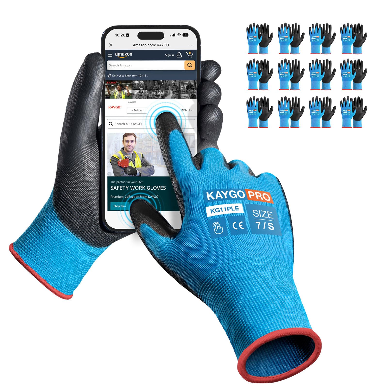 KAYGO Work Gloves PU Coated 12 Pairs Touchscreen, KG11PLE, Safety Working Gloves with Secure Grip on Palm & Fingers, for Men and Women, Ideal for General Duty Work, Gardening (Small, Blue)