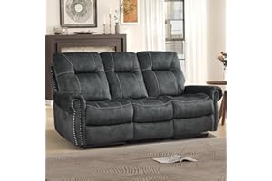 EBELLO Manual Recliner 3 Seat Sofa Couch, Soft Fabric 3 Seater Reclining Couch Chair, Vintage Rivet Mid-Century Design Furniture for Living Room, Meeting Room, Grey