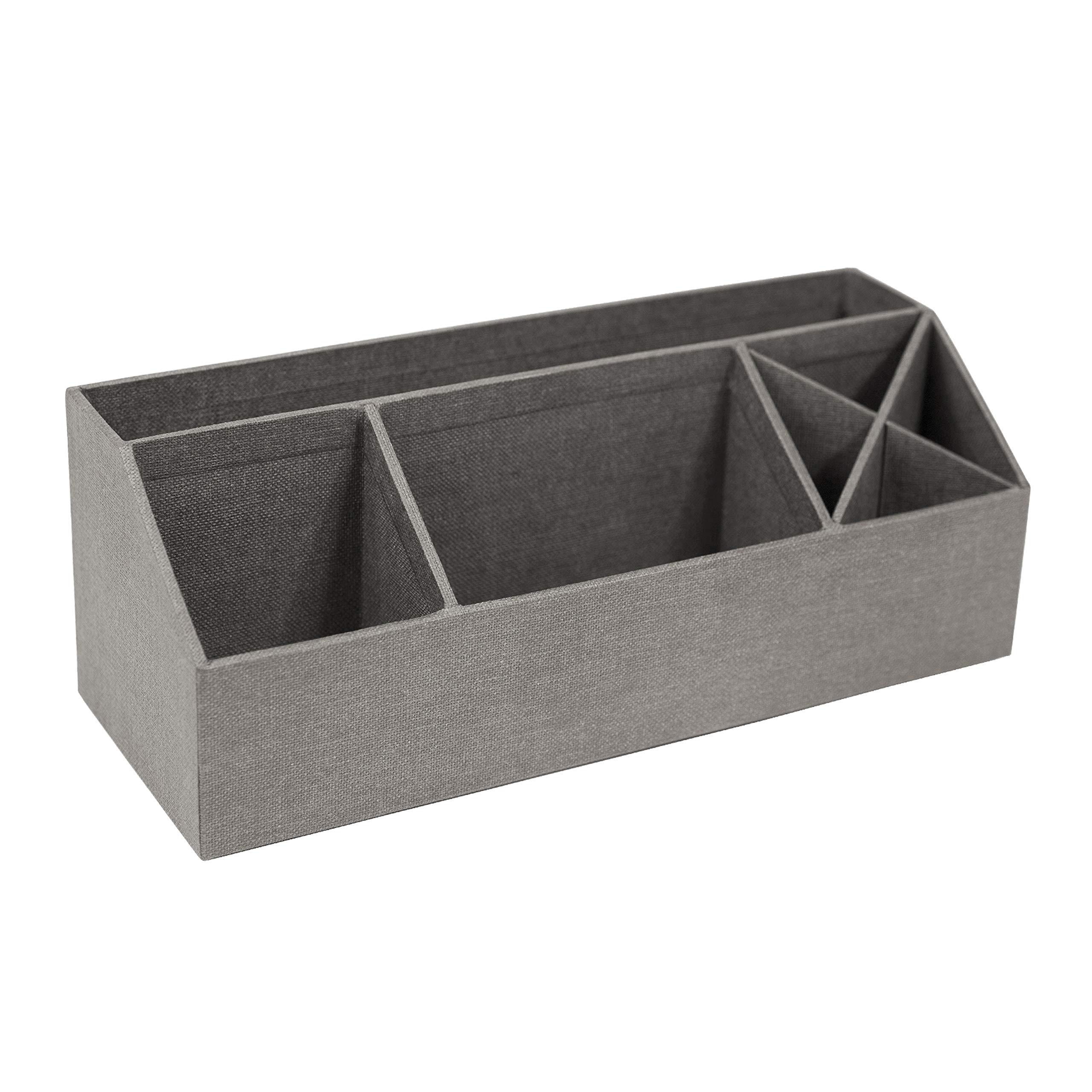 Bigso Box of Sweden Desk Storage Organiser with 4 Compartments - Stationery Storage for Notes, Paperclips, Pens etc. - Pen Holder Made of Fibreboard and Paper in Linen Look - Grey
