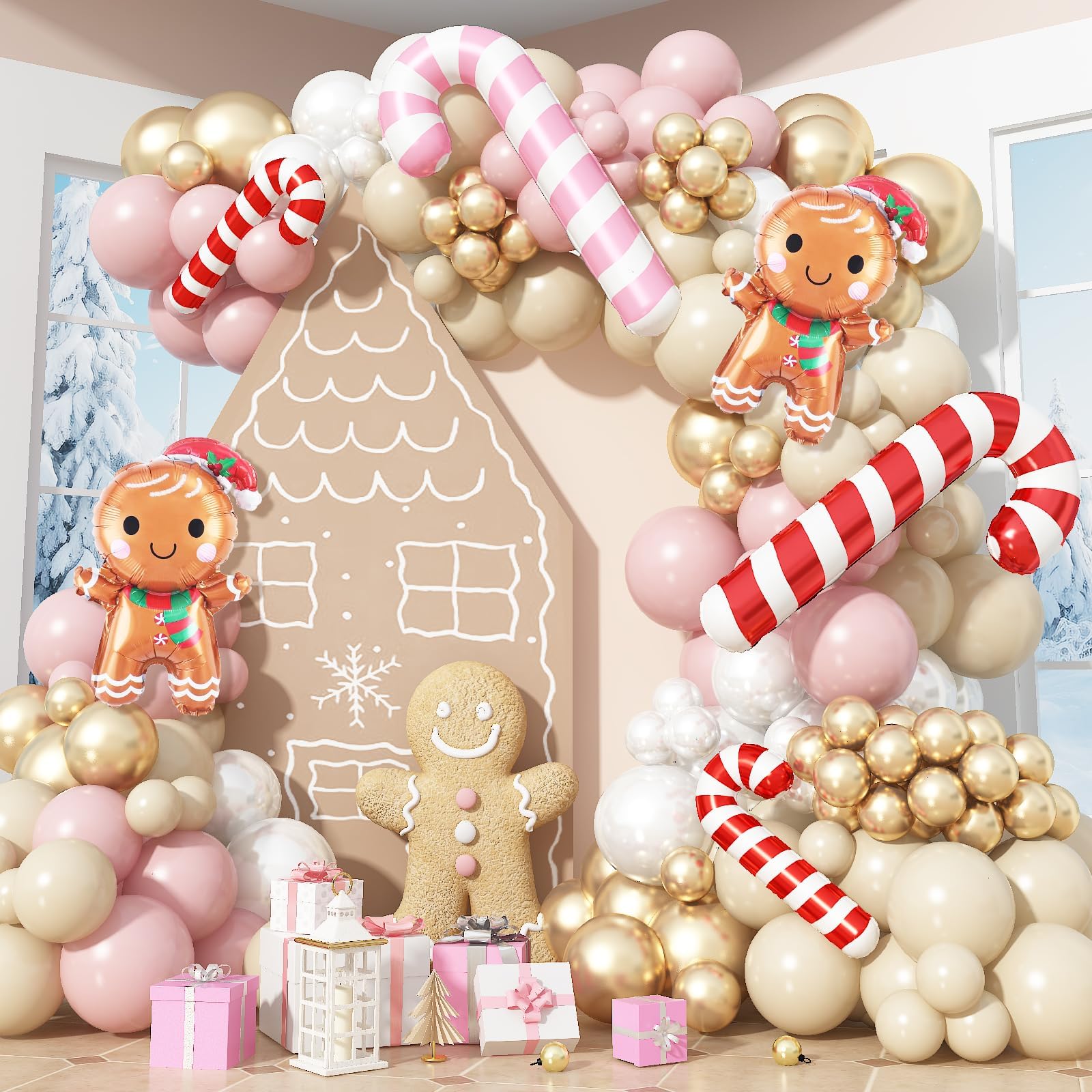 Photo 1 of 138PCS Pastel Pink Beige Christmas Balloon Arch Kit, Dusty Baby Pink Pearl Ivory White Cream Metallic Gold Balloon Arch Set with Candy Cane Gingerbread Foil Balloos for New Year Xmas Party Decorations