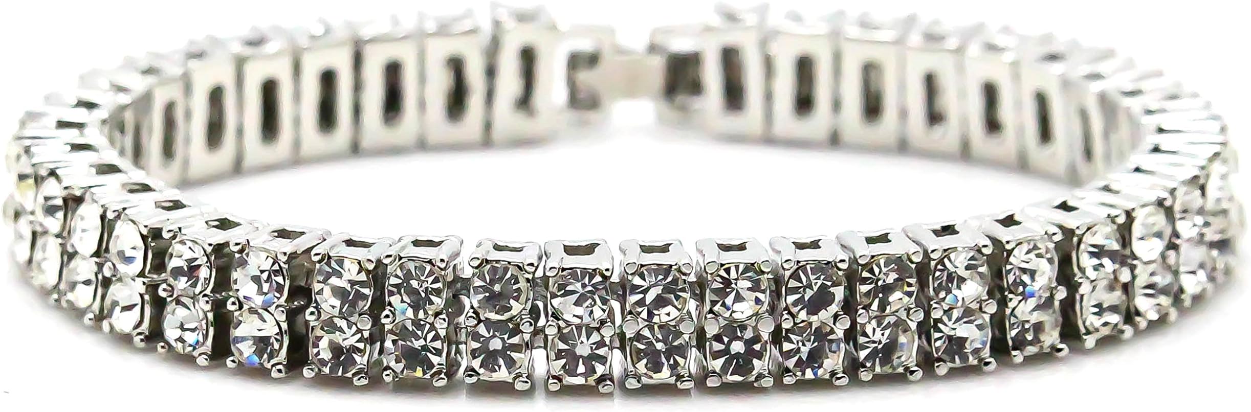 Jenhianeck Men Hip Hop Stainless Steel Buckle Double Row Crystal Chain Bracelet Bangle,7.5inches
