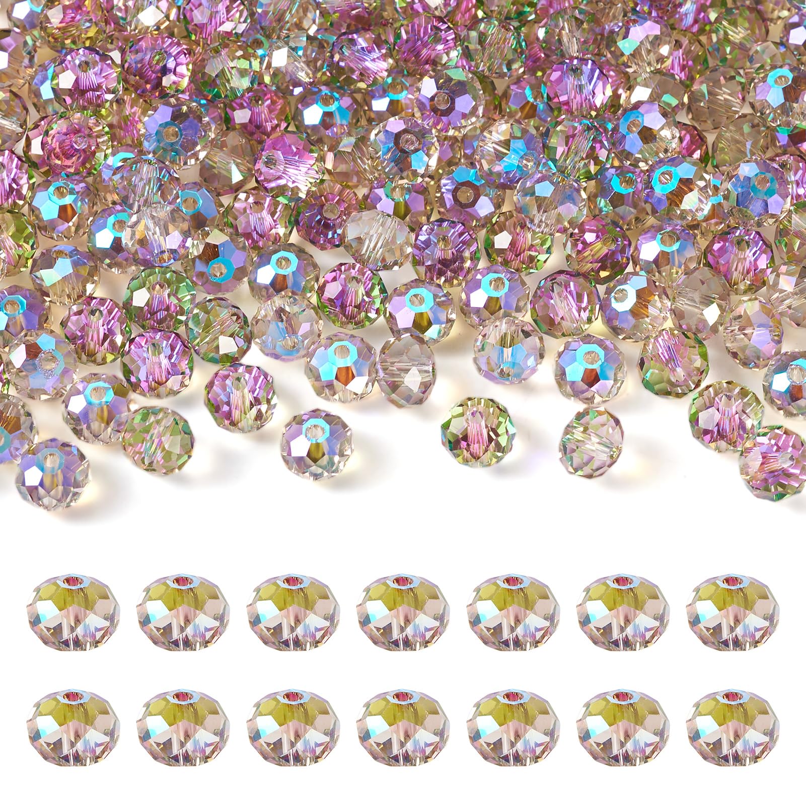 Crafans 200Pcs Faceted Crystal Rondelle Transparent Glass Beads 8MM Rainbow Plated Chunky Loose Spacer Bulk Beads for Jewelry Making, Violet