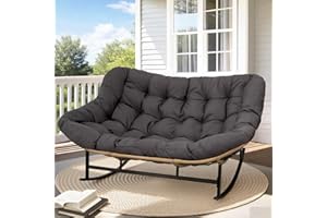 NICESOUL Double Wide Rocking Papasan Chair Outdoor Indoor for 2, PE Wicker Patio Rocking Chair with Cushion and Frame, 700 lbs Heavy Duty Big Comfy Lounge Chair for Porch, Balcony & Living Room, Grey