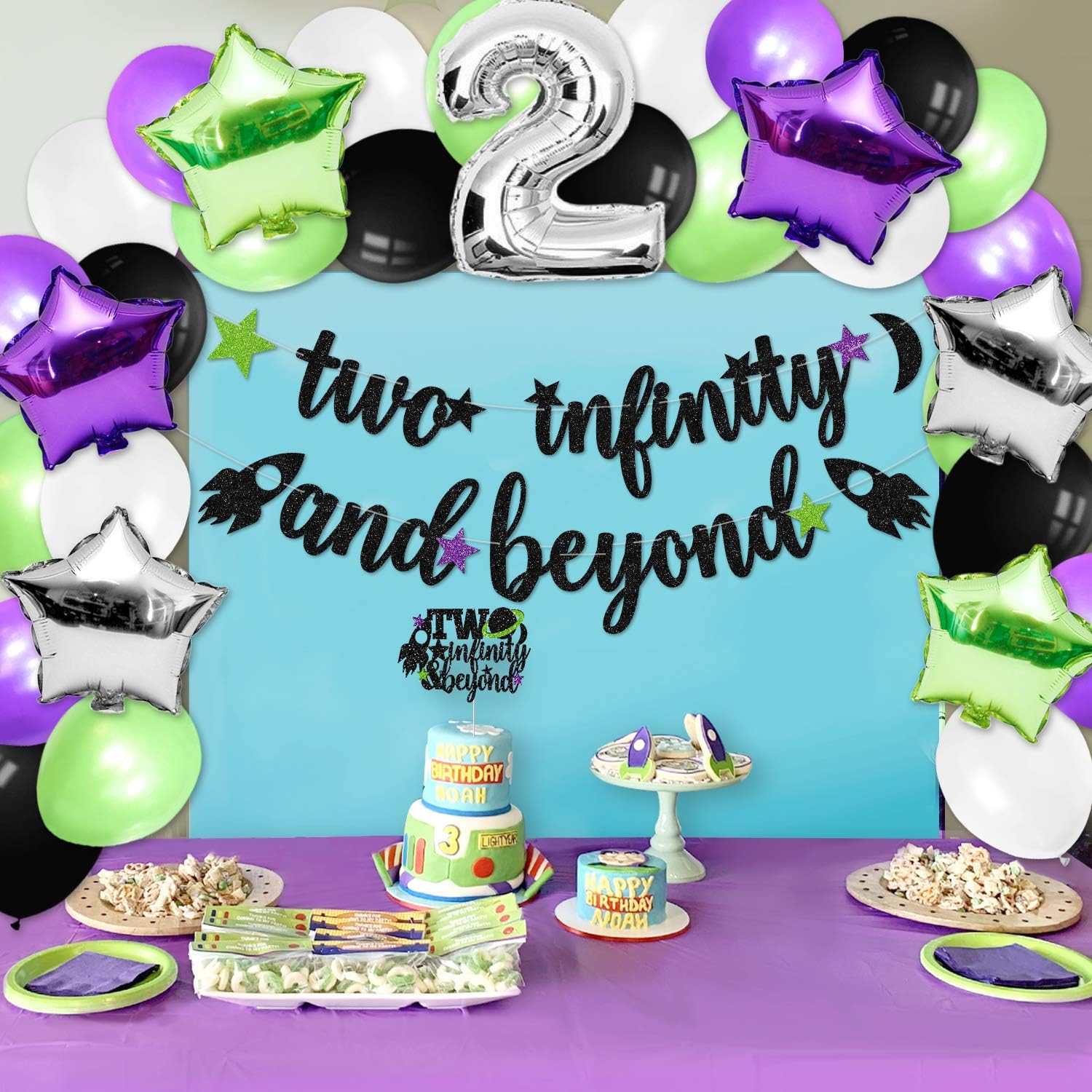 Two Infinity And Beyond Party Decoration Baby Second Birthday Glitter Space Banner Rocket Cake Topper Balloons Kids Party Favor Ideas Supplies Party Supplies Toys Games Wararenergy Com
