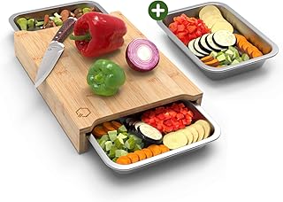 Qitchen Premium Bambus Schneidebrett Set mit 3 Auffangschalen [Extra Groß] Bambus Schneidebrett mit Auffangschale [Verbesserte Version 2020] Schneidbrett mit Auffangschale - Rutschfestes Holzbrett