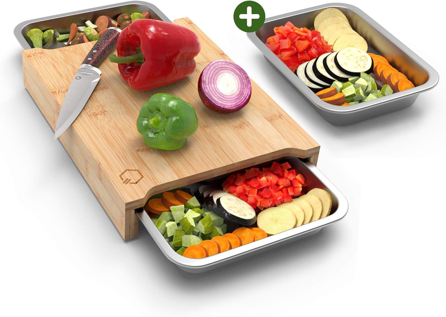 Qitchen Premium Bambus Schneidebrett Set mit 3 Auffangschalen [Extra Groß] Bambus Schneidebrett mit Auffangschale [Verbesserte Version 2020] Schneidbrett mit Auffangschale - Rutschfestes Holzbrett