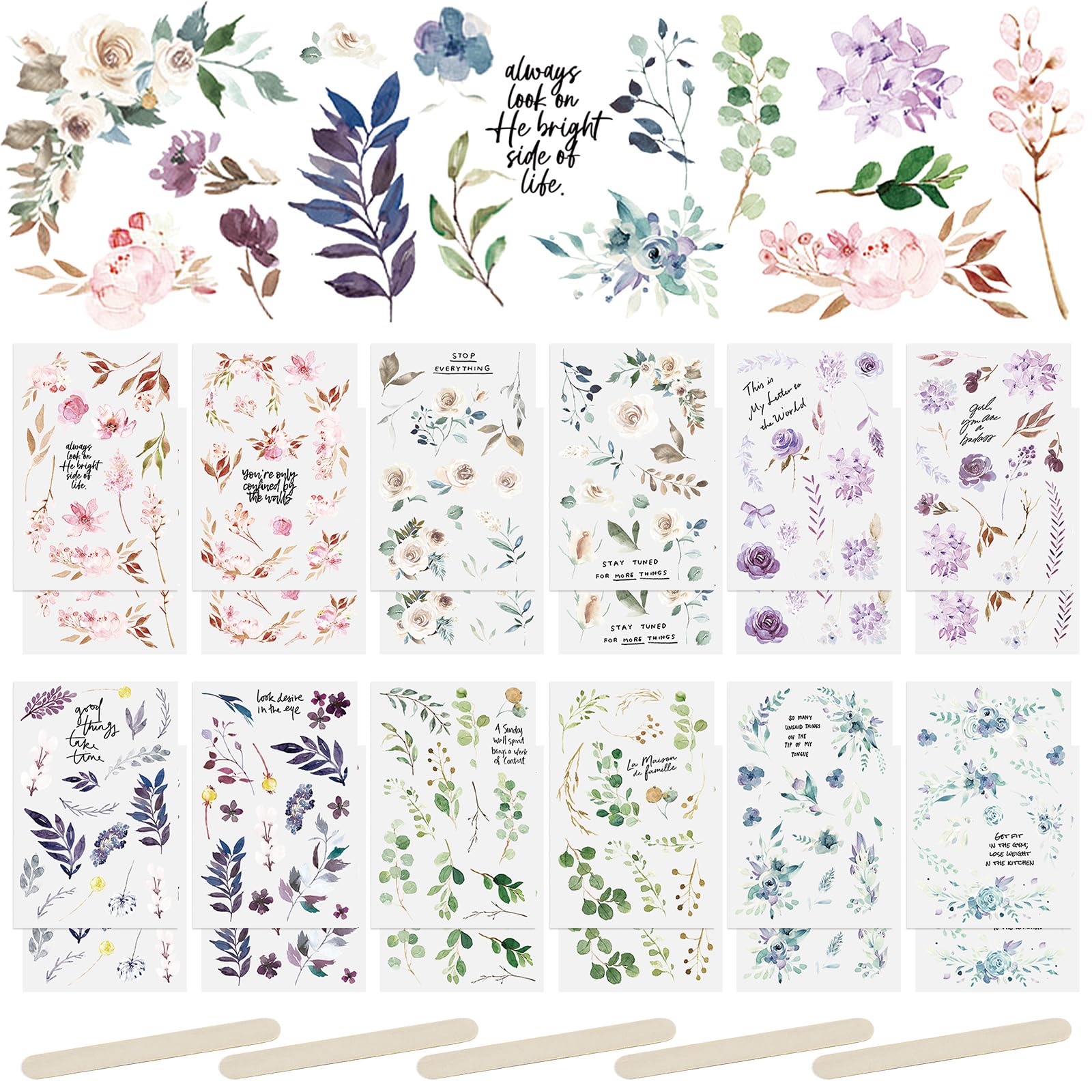 WANDIC 24 Sheets Rub On Transfer Stickers, Flower Leaves Pattern Sticker Decor Scrapbook Sticker for Journal Album — image 1