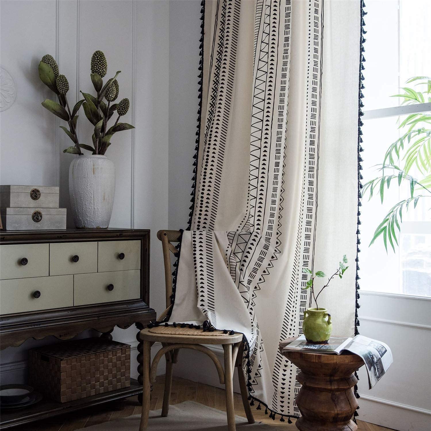 USTIDE Cotton Linen 50% Blackout Curtains 150x220cm - Geometric Boho Farmhouse with Rod Pocket & Tassels, Rustic Black White for Living Room Bedroom