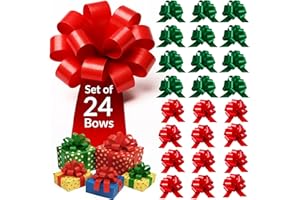 XMASOLUTIONS Eye-Catching Xmas Pull Bows for Easy Gift Wrapping with Ribbon - 5" Wide Wrap Bows for Christmas Tree Decoration, Holiday Décor, Present Wrapping, Baskets, Birthday, Easter - 12 Green & 12 Red Bows