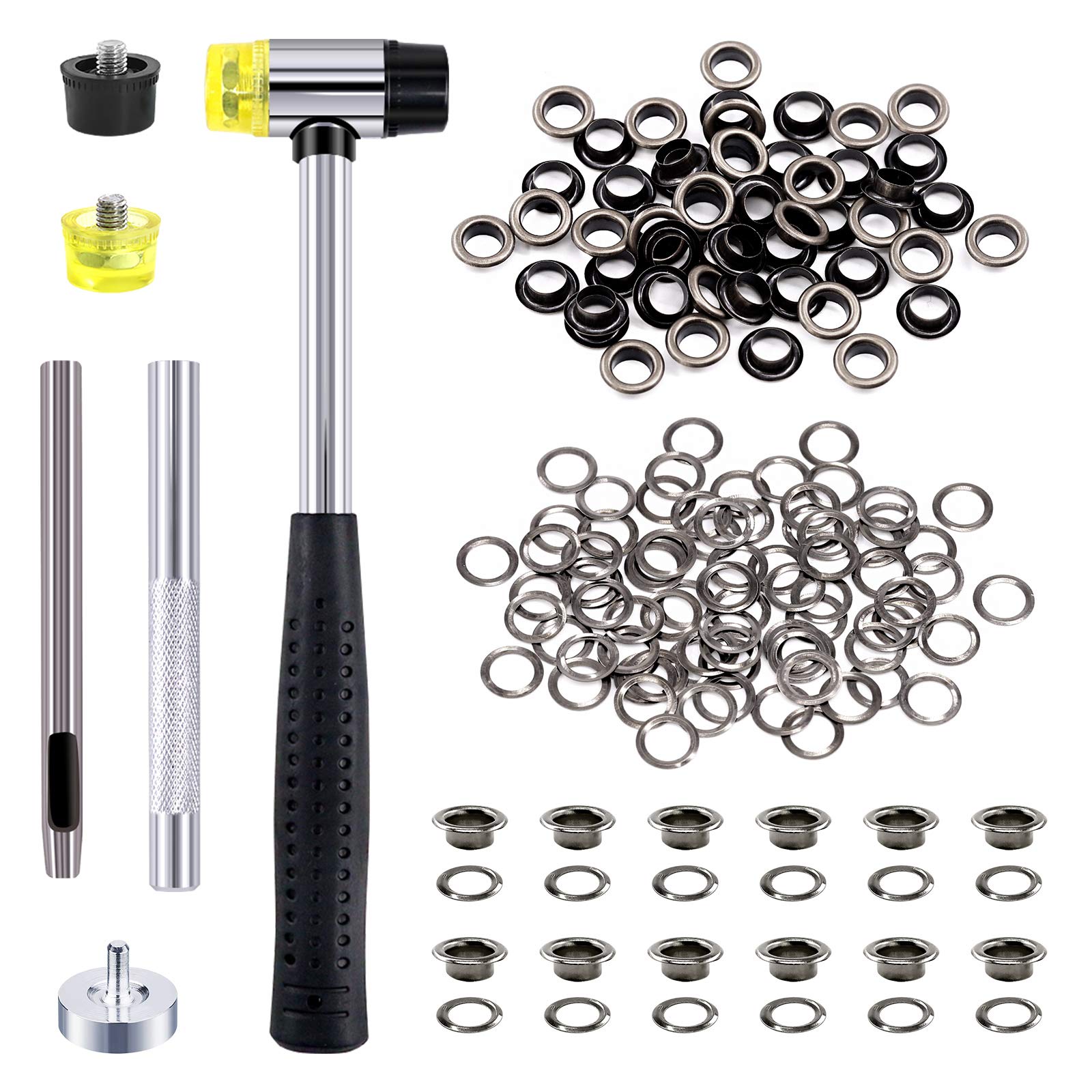 Swpeet S1448 206 Sets 1/4 Inch 6mm Gun-Black Grommet Eyelets Assortment Kit with Setting Install Tool, Including Rubbe Lightweight Soft Mallet, Metal Eyelets Kits Shoe for Leather Fabric Belt Clothes