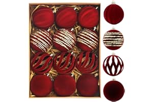 5TH LILY Christmas Ornaments Set of 12, 3.15" Flocked Velvet Balls with Hand Painted Designs, Burgundy Elegant Christmas Tree Decorations in Gift Box