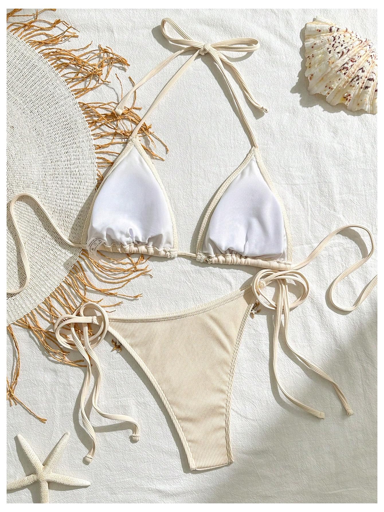 Verdusa Women's 2 Piece Halter Triangle Bathing Suit Ribbed Bikini Swimsuits Beige Medium - Image 2