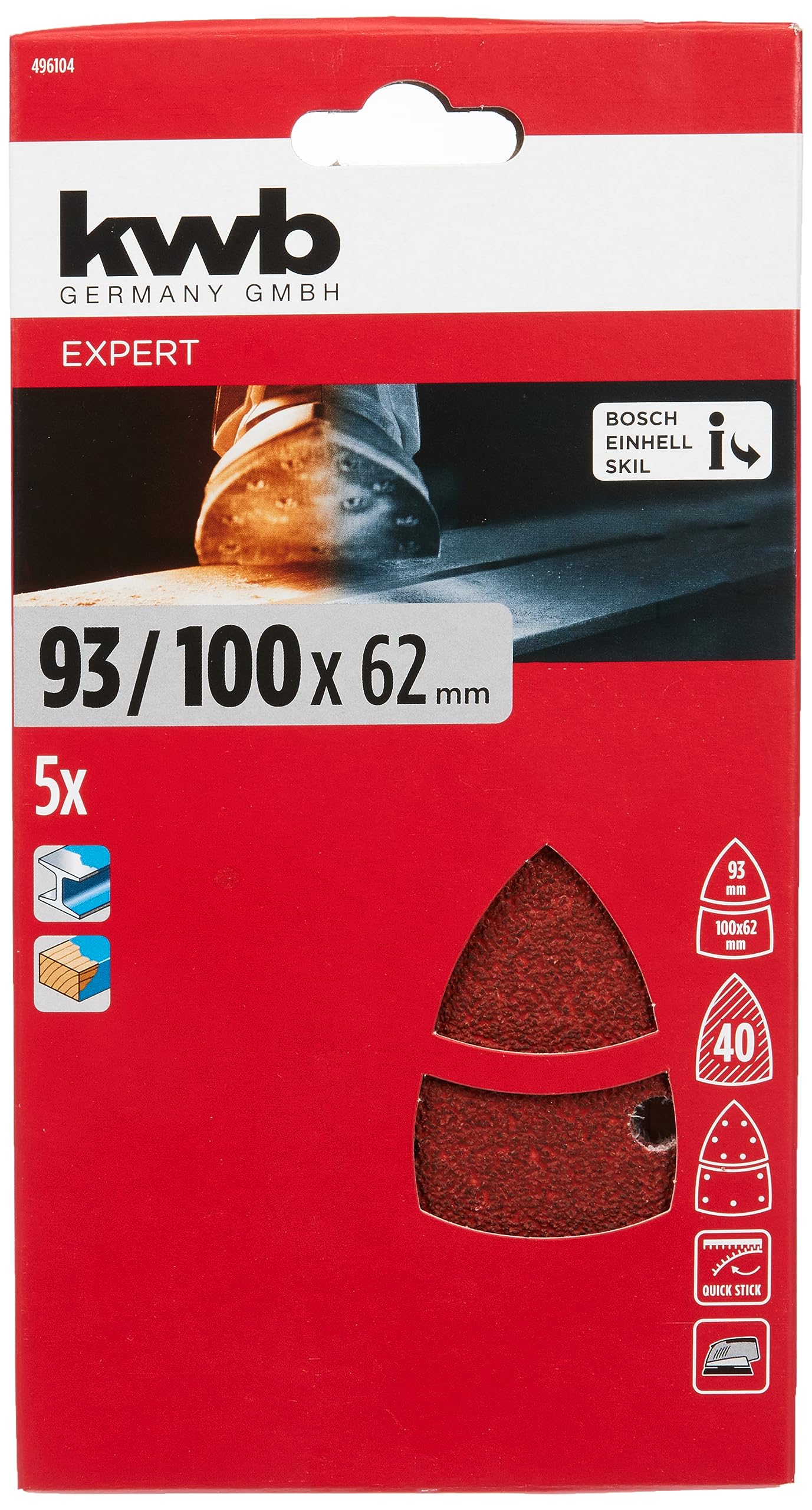 kwb Sanding Triangles 100X62, 93 Mm Made of High-Grade Aluminium Oxide with Grit Size 40, Tool-Free Change, Synthetic Resin Bonding and Reinforced Paper Backing for Coarse Sanding of Wood and Metal