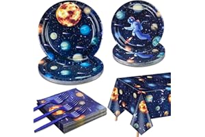 QUERICKY Outer Space Party Supplies for 20 Guests, Include Astronaut Planet Paper Plates, Napkins, Forks, Outer Solar System Tablecloth for Kids Birthday Party Solar System Theme Party Decorations