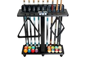 GACCO BILLIARDS Pool Cue Rack Floor Stand for Cue Stick at Any Size, A Full Set Of Balls, Billiard Table Accessory. Corner Pool Stick Holder 100% Solid Wood with Score Counter, Hook