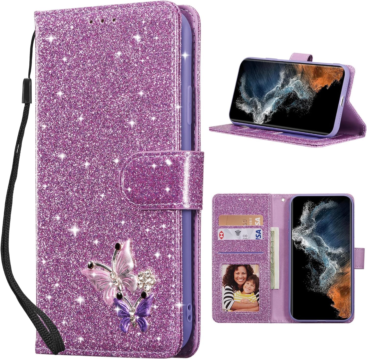 Photo 1 of UEEBAI Wallet Case for Samsung Galaxy A15 4G/5G, Glitter PU Leather Phone Cover Card Slots Kickstand Wallet Magnetic Closure Bling Flip Case Shockproof Hand Strap Flip Cover - Glitter Purple