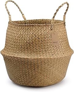 DOKOT Natural Seagrass Belly Basket with Handles, Round Storage Wicker Basket Planter (10.6" Diameter x 12.5" Height, Natural)