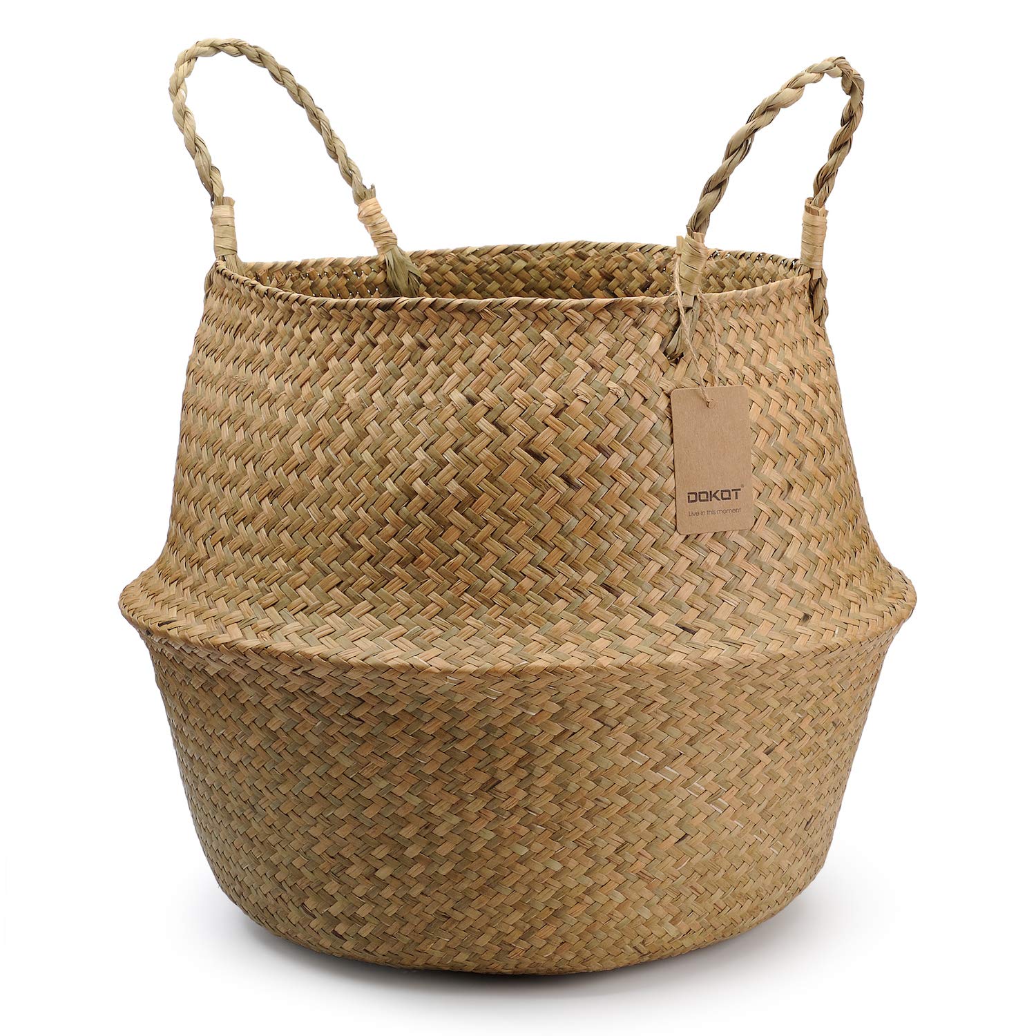DOKOT Natural Seagrass Belly Basket Laundry Basket Large Storage Basket Indoor Plants