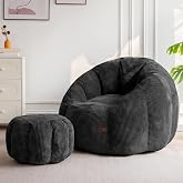 MAXYOYO Bean Bag Chair with Ottoman, Giant Pumpkin Lounge Chair for Adults | Oversized Bean Bag Chair with Footstool, Comfy and Lazy Lounge Boneless Chair for Dorm, Living Room, Bedroom, Black
