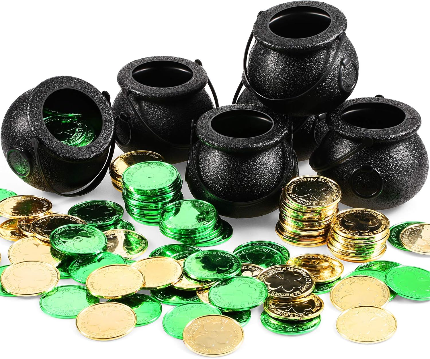 6 Pieces Mini Black Candy Cauldron Kettles with 200 St. Patrick's Shamrock Coins Plastic Green Clover Coins Gold Lucky Coins for St. Patrick's Day Party Decoration Supplies