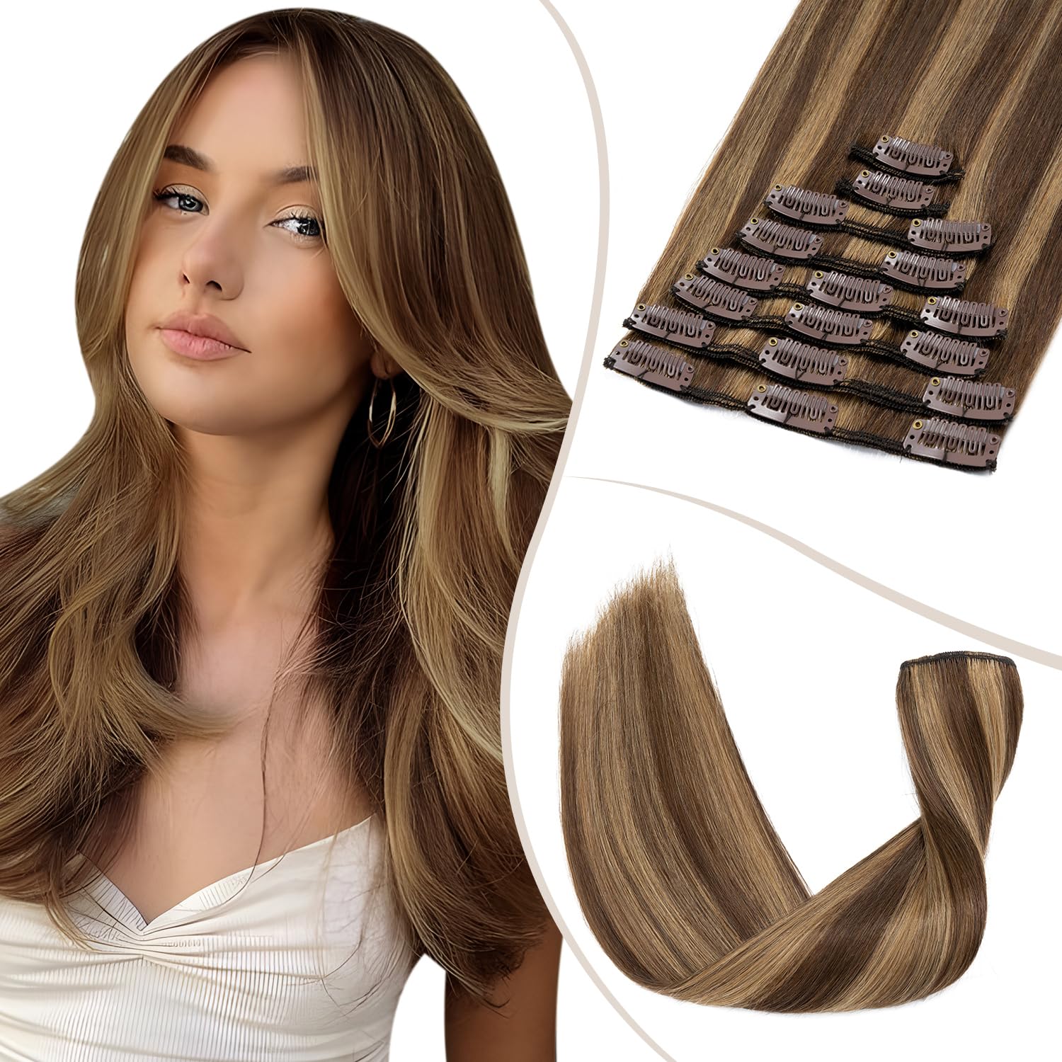 TESS Clip in Hair Extensions Real Human Hair Highlighted Remy Seamless 8 Pieces Straight Long for Women/Girls (#4P27 Medium brown＆Dark blonde, 22 Inch 75g) — image 1