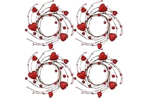 Winlyn 4 Pcs Valentine Candle Rings with Hearts Red Glitter Heart and Berries Candle Wreaths Festive Mini Wreaths 7.1" Wide for Farmhouse Home Valentine's Day Party Wedding Centerpiece Table Décor