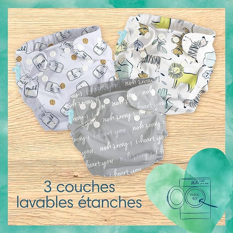 Harmonie Hybrid, 3 Couches Lavables Hybrid, Protège la Peau Sensible des Bébés, Avec des Ingrédients d’Origine Végétale et 0% de Parfum, Motifs Mignons