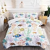 XYNHML Turtle Comforter Set Twin Ocean Watercolor Sea Turtle Bedding Set Tropical Fish Marine Life Bed Set with 2 Pillowcases for Kids Room Decor