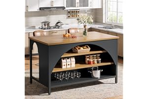 Tribesigns Kitchen Island with 3 Storage Shelves, 55" W Kitchen Shelf with Large Countertop and Seating Area, Modern Wooden C