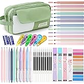 42 Pcs Big Capacity Pencil Pouch with Aesthetic School Supplies, 12 Pastel Highlighters, 5 Black Ink Gel Pens, 6 Mechanical Pencils Set 0.5 & 0.7mm, Sticky Notes, Stationary Set for Student(Green)