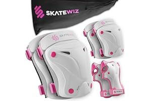 SKATEWIZ Knee and Elbow Pads Adult - Skating Protective Gear - PROTECT-1 - Size L Pink White - Wrist Guards Skating Pads, Skateboard, Roller Skate, Ice Skates For Women