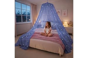 Blue Bed Canopy with Glow in The Dark Stars for Girls, Boys, Kids and Babies, Net Use to Cover The Baby Crib, Kid Bed, Girls 