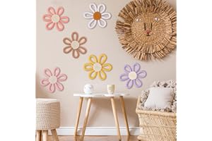 Zeyune 6 Pcs Boho Nursery Daisy Flower Wall Art Decor Woven Macrame Wall Pediments Boho Daisy Floral Nursery Art Decor for Home Bedroom Decorations(Colorful,Yarn and Cotton Rope)