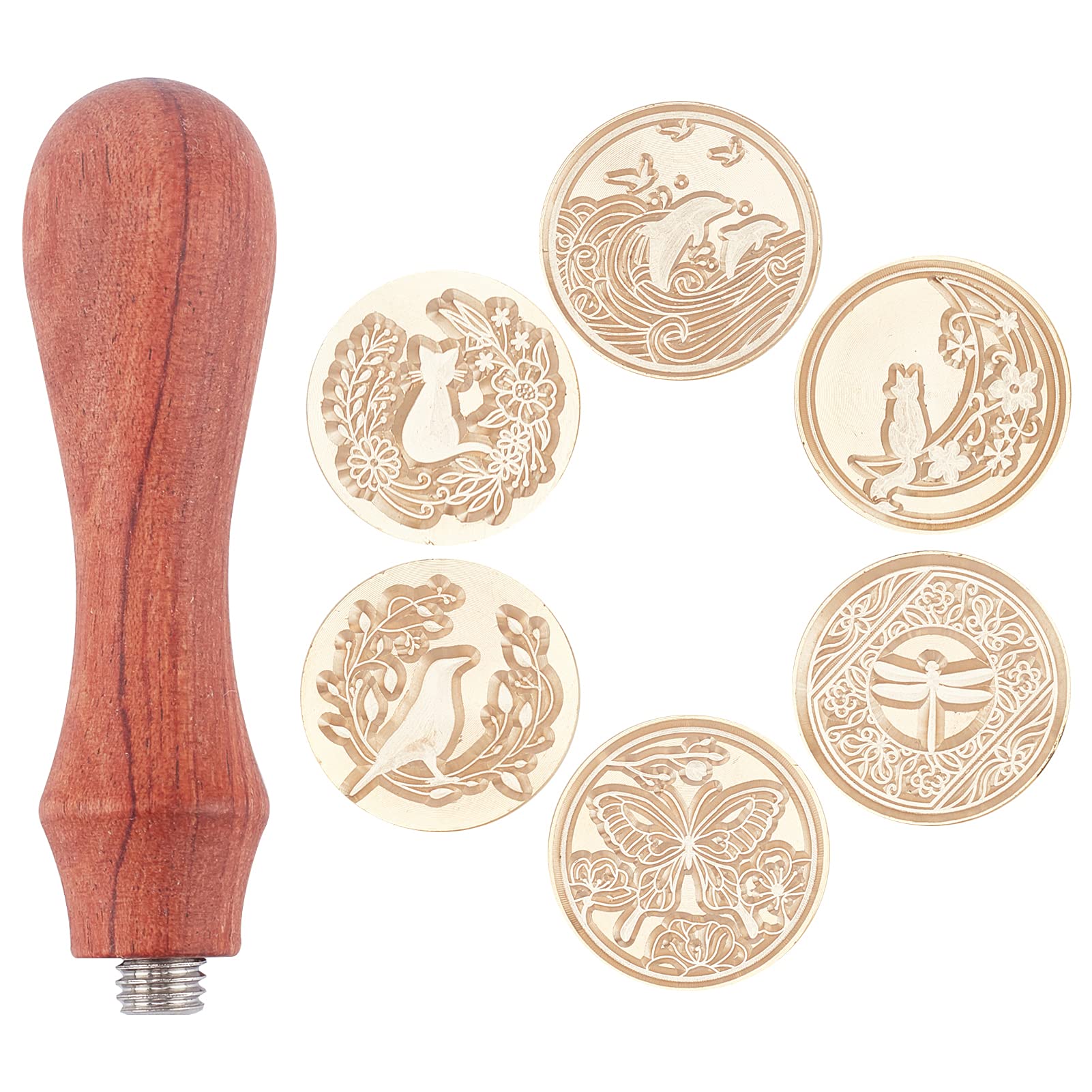 CRASPIRE Wax Seal Stamp Set Animal Ocean Insect Theme 6PCS Sealing Wax Stamp 25mm Removable Brass Heads +1 Wooden Handle for Seal Envelopes Invitation Christmas Halloween Xmas (Whale Bird Dragonfly)