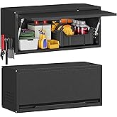 Firstsky Metal Garage Wall Cabinet with Up-Flip Door,Wall-Mounted Steel Storage Cabinet, Float Tool Cabinet with Pegboard,Upper Cabinet for Kitchen,Garage,Workshop,Warehouse(13.8" H,Black)