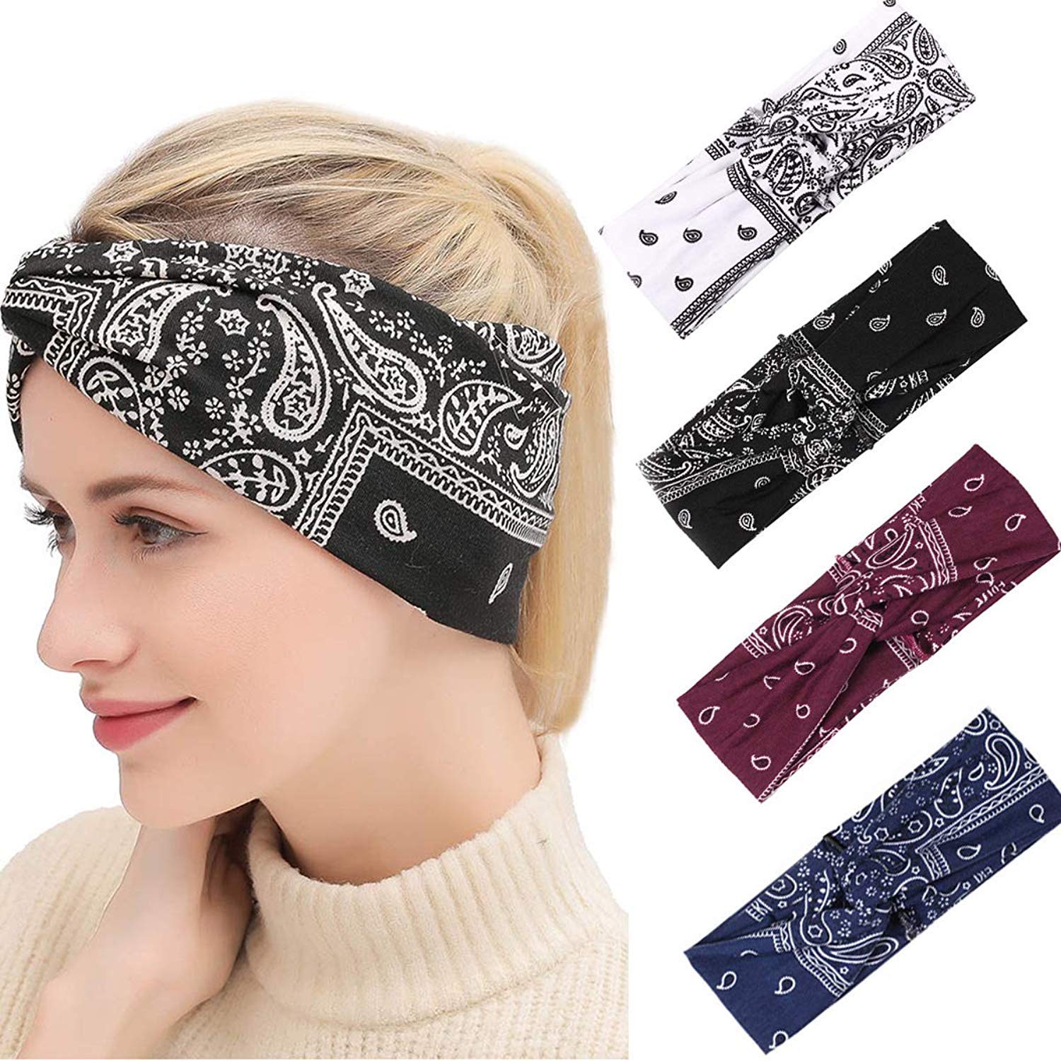 4 Pack Headband Women Vintage Headband Boho Printed Hair Band Elastic Hairband Bandana Hairbands Hair Accessories