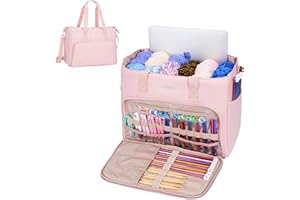 Leudes Crochet Tote Bag, Knitting Bag Fits 15.6 Inch Laptop Yarn Storage Organizer Large Yarn Holder Hook Case for Knitting & Crochet Supplies (Pink)
