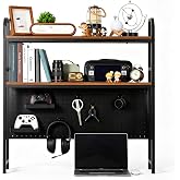 deli Desktop Shelf, Desk Hutch with Metal Pegboard, Black | 2-Tier Desktop Display Rack, 4 Accessories, Multipurpose Desktop Bookshelf Storage Organizer