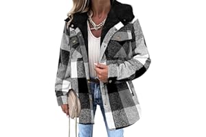 Zeagoo Womens Plaid Shacket Jacket Long Sleeve Fleece Hooded Jackets Fall Winter Warm Coat S-2XL