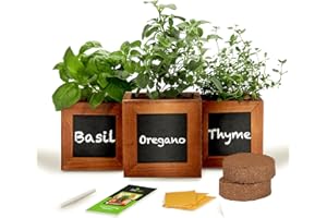 ZESTIGREENS Indoor Herb Garden Kit - Includes 3 Wooden Herb Pots, Internal drip Trays, Soil Pellets, Chalk, Instructions Booklet and Basil, Oregano & Thyme Non GMO Herb Seeds. DIY Kitchen Herbs Growing Kit.