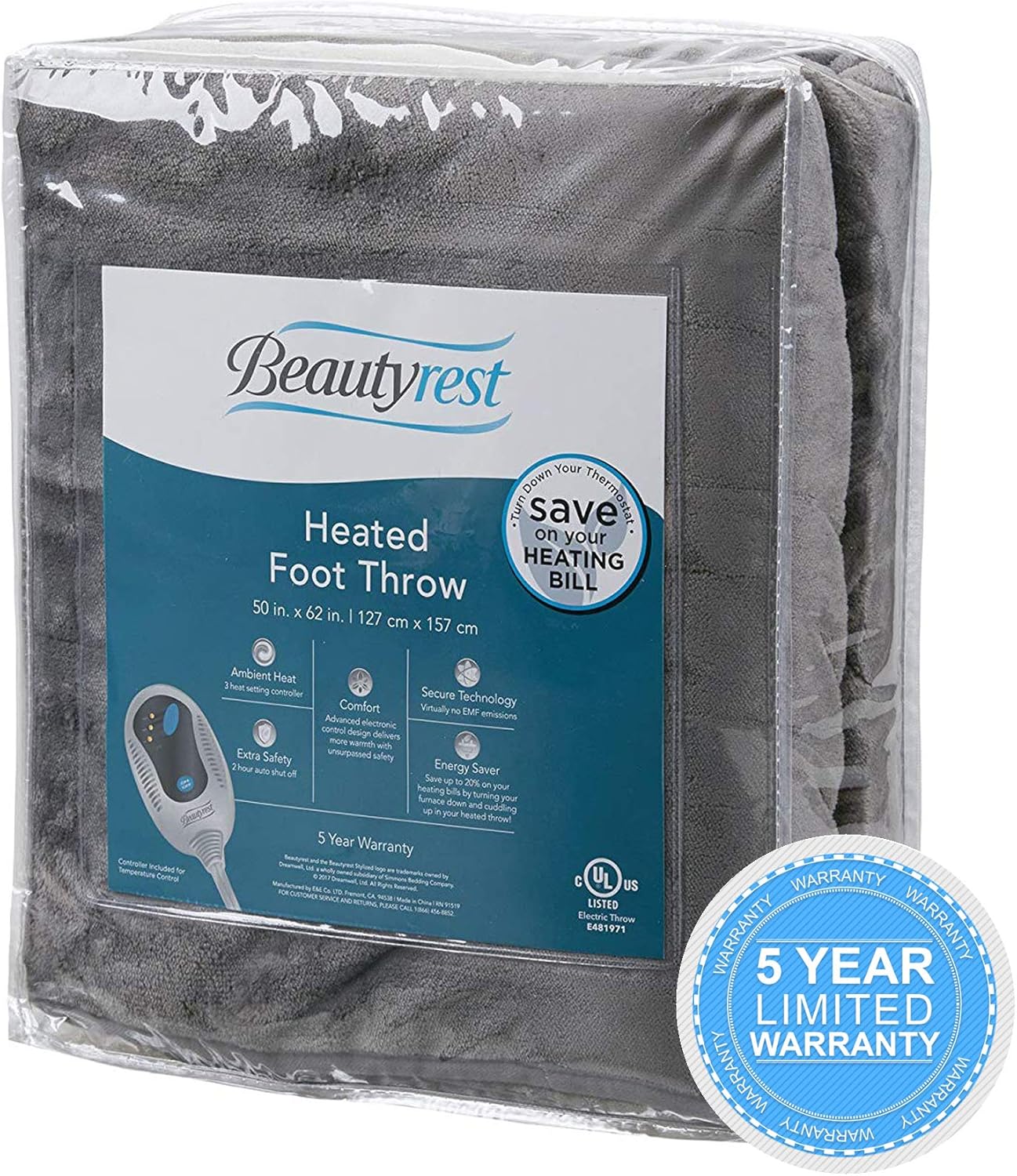 Beautyrest Foot Pocket Soft Microlight Plush Electric Blanket Heated Throw Wrap with Auto Shutoff, 50x62, Grey: Home & Kitchen