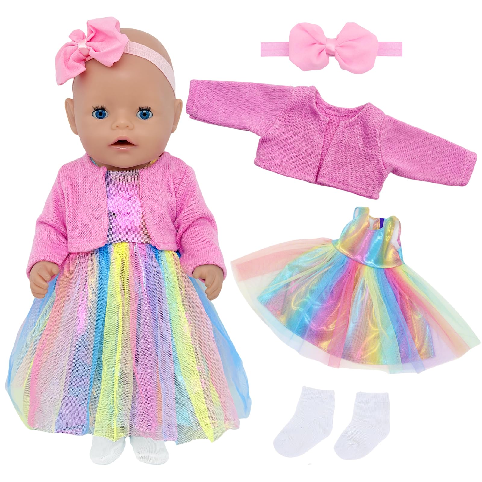 4 Pcs Doll Clothes Compatible with 14-18 inch New Born Baby Dolls Pink Cute Doll Clothes for 35-45cm Baby Dolls with Rainbow Tulle Skirt Coat Hairband Socks New 43cm Doll Outfit, Gifts for Girls