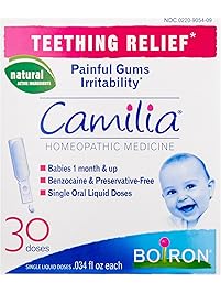 Boiron Camilia, Baby Teething Relief, 30 Doses. Teething Drops for Painful Gums, Irritability. Benzocaine and Preservative-Free, Sterile Single Oral Liquid Doses, Natural Active Ingredient
