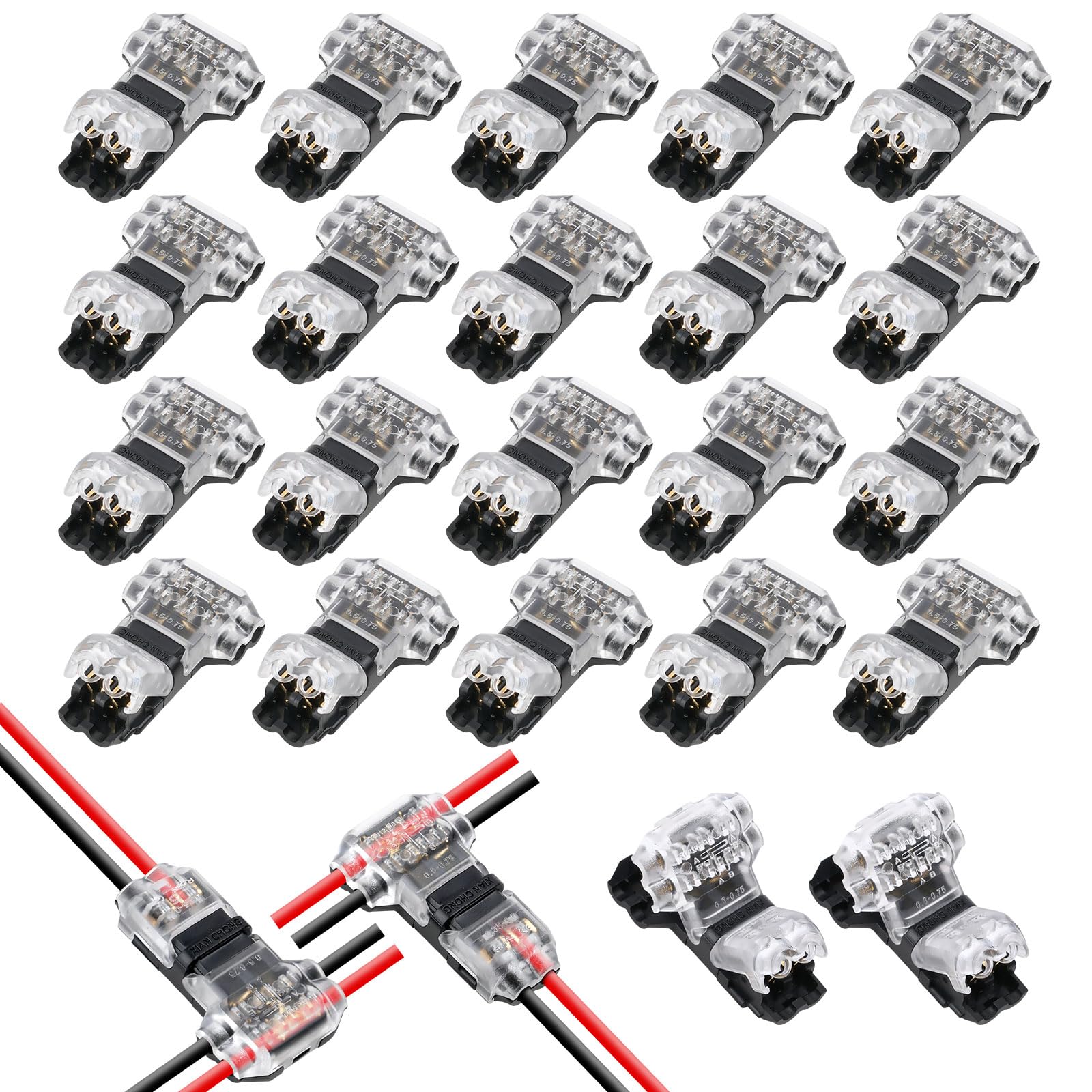Flintronic 20 PCS Wire Connectors, Low Voltage T Tap Connectors, 2 Pin 3 Way Quick Splice Wire Connectors, Wiring Branch Connector, Without Stripping, for 18-22 AWG, LED Strip, Audio, Vehicles