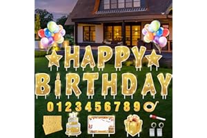 Rtshuok 18 Pcs Happy Birthday Yard Sign with 32.8 ft Led Light, 16” Large Size Happy Birthday Yard Sign with Stakes, Weatherproof Personalized Birthday Yard Signs, Outdoor Lawn Garden Party Decoration(Gold)