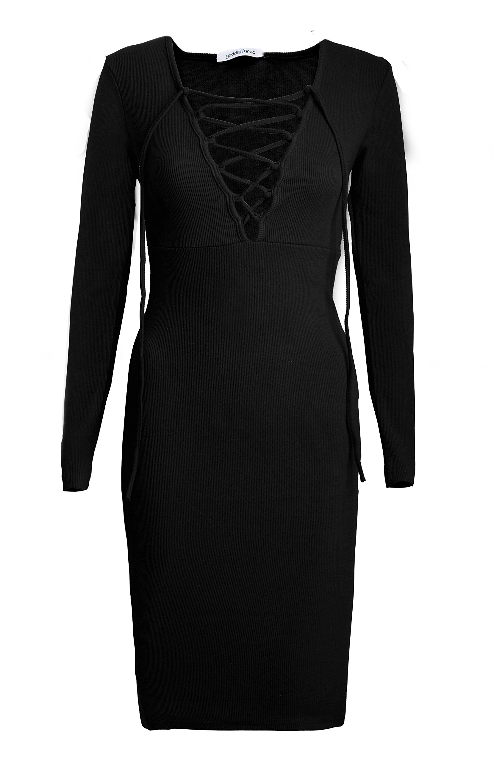 Goddess Area Women\'s Classic Slim Fit Long Sleeve Bodycon Midi Pencil Sweater Dress (A4, Black4)