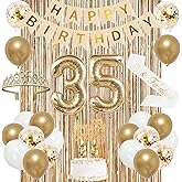 Trgowaul 35th Birthday Decorations for Women, Banner, Sash and Crown, Cake Topper, 35 Number Balloon, Fringe Curtains, Champagne Gold 35th Birthday Party Supplies